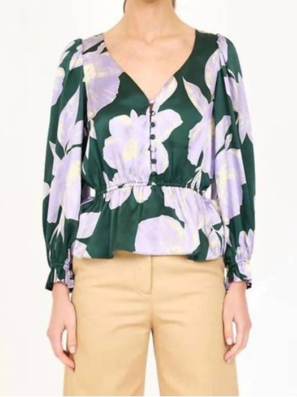 Christy Lynn Bella 100% Silk Top in Green Blossoms SZ XS EUC